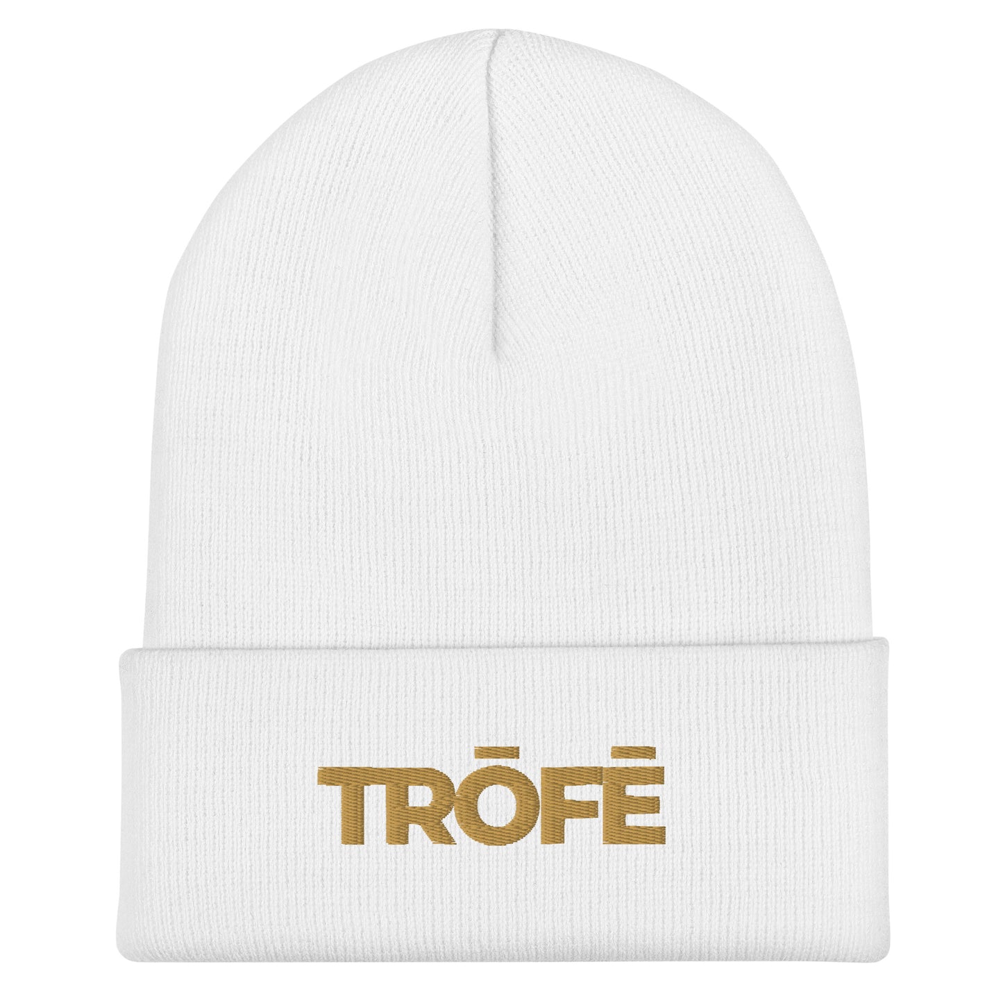 TRŌFĒ Gold Logo Cuffed Beanie white front