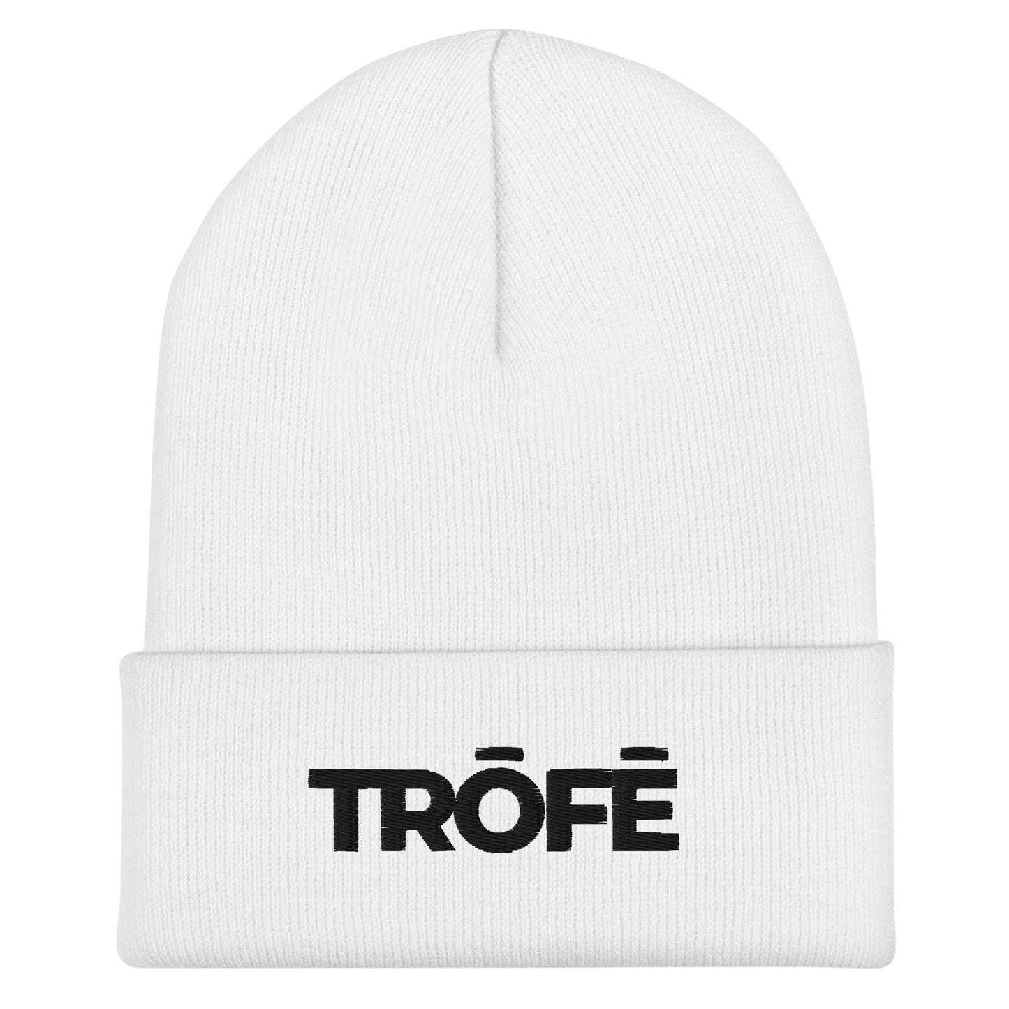 white TRŌFĒ Black Logo Cuffed Beanie front