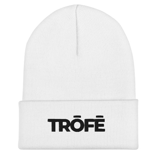 white TRŌFĒ Black Logo Cuffed Beanie front